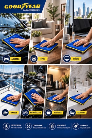 Goodyear 12 Adet Mikrofiber Temizlik Bezi – Çok Amaçlı Yüksek Emici Çizik Bırakmayan Bez