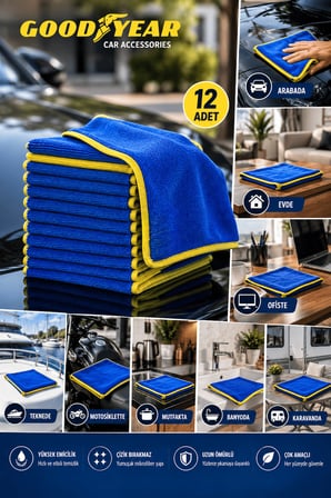 Goodyear 12 Adet Mikrofiber Temizlik Bezi – Çok Amaçlı Yüksek Emici Çizik Bırakmayan Bez