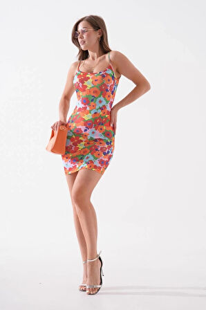 Kadın ince askılı desenli elbise s8105