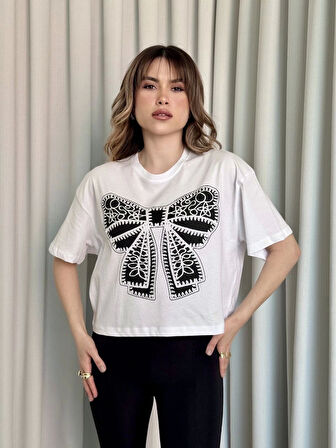 Oversize Beyaz baskılı crop tişört