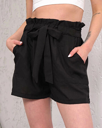 Kuşaklı keten şort siyah s255265
