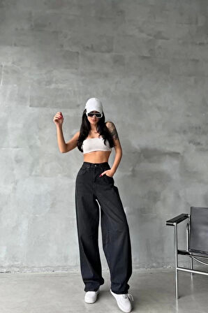 Arkadan tokalı jeans pantolon Siyah