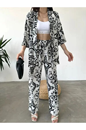 Desenli Kimono &amp; Pantolon Ikili Takım