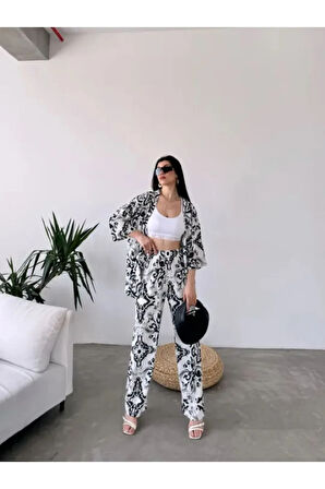 Desenli Kimono &amp; Pantolon Ikili Takım
