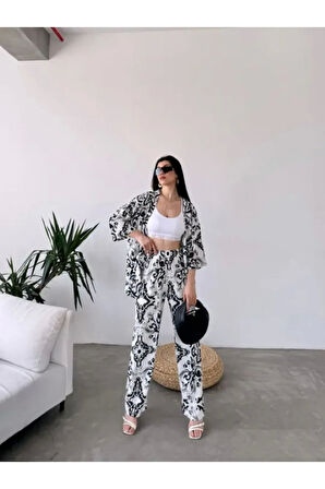 Desenli Kimono &amp; Pantolon Ikili Takım