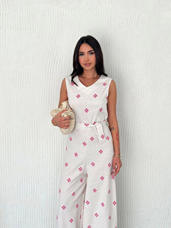 Sırt dekolteli keten beyaz tulum S1036