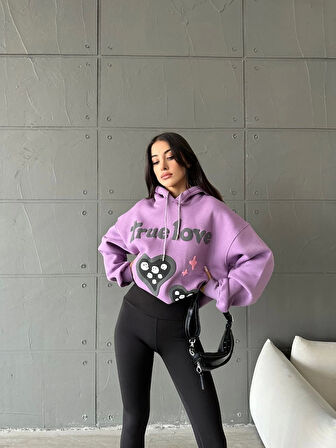 3 iplik şardonlu oversize compact true baskılı sweat mor