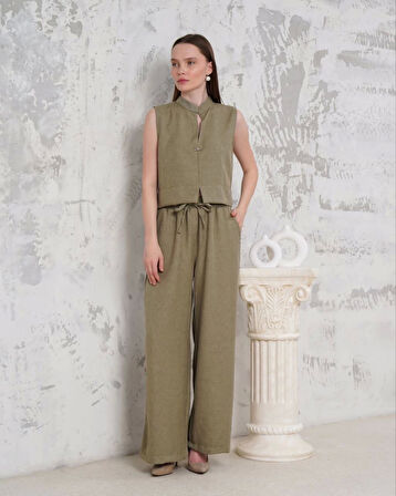 Broşlu yelek pantolon takım haki s255821