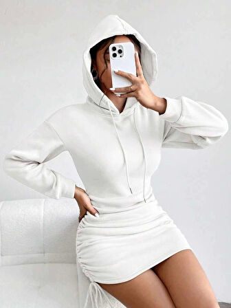 3 iplik şardonlu kompact kapşonlu elbise beyaz