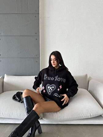 3 iplik şardonlu oversize compact true baskılı sweat siyah
