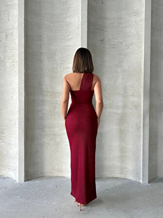 Krinkıl tek omuz uzun elbise bordo s25455