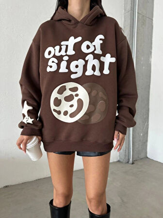 3 iplik şardonlu oversize out of baskılı sweat kahve