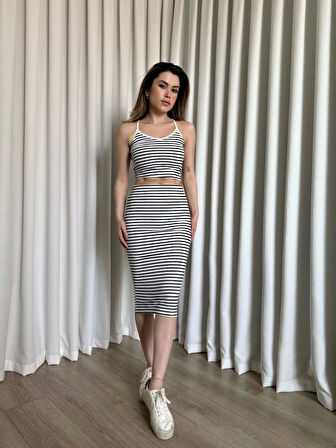 Çizgili etek crop takım