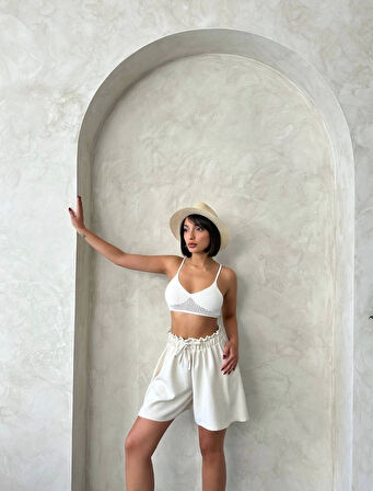 Volanlı keten şort bej s255058