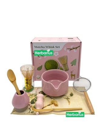 Herbarius 8 Parça Mat Pudra Pembe Renk Matcha Çayı Hazırlama Seti - Geleneksel Japon Matcha Seti
