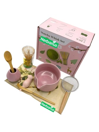 Herbarius 8 Parça Mat Pudra Pembe Renk Matcha Çayı Hazırlama Seti - Geleneksel Japon Matcha Seti