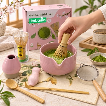 Herbarius 8 Parça Mat Pudra Pembe Renk Matcha Çayı Hazırlama Seti - Geleneksel Japon Matcha Seti