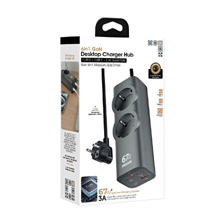 FC54 6in1 Gan Masaüstü Priz | Şarj Cihazı | 1 x Usb-A | 3 x Usb-C | 2 x 220V