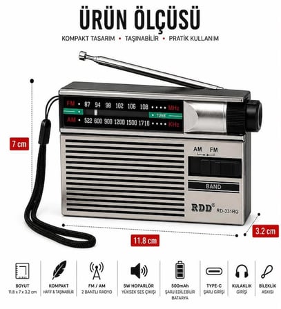 Reytek RD-331RG Fm Am Cep Radyosu Şarjlı Taşınabilir Radyo Type-C Şarjlı 2 Bantlı Acil Durum Deprem Radyosu