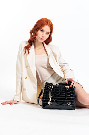 Siyah Rugan Krokodil Desen Uzun Askılı El Omuz çantası