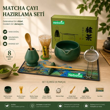 Herbarius 8 Parça Mat Zümrüt Yeşili Krem Tabanlı Renk Matcha Çayı Hazırlama Seti - Geleneksel Japon Matcha Seti
