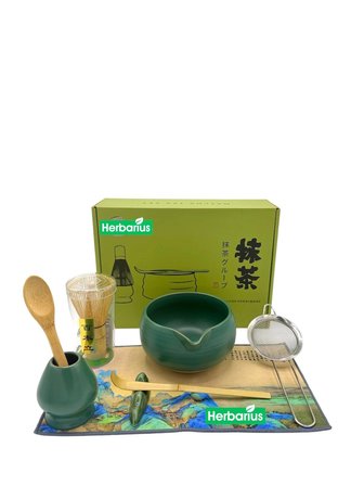 Herbarius 8 Parça Mat Zümrüt Yeşili Krem Tabanlı Renk Matcha Çayı Hazırlama Seti - Geleneksel Japon Matcha Seti