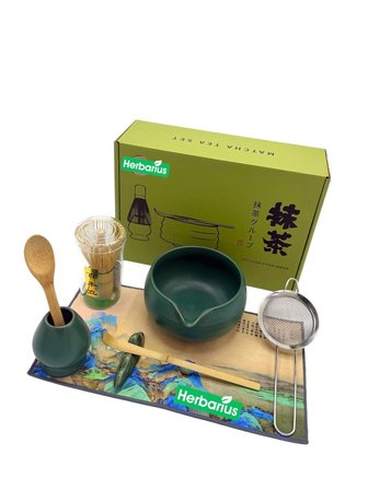 Herbarius 8 Parça Mat Zümrüt Yeşili Krem Tabanlı Renk Matcha Çayı Hazırlama Seti - Geleneksel Japon Matcha Seti