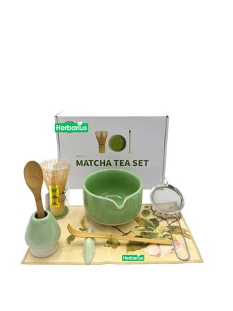 Herbarius 8 Parça Çiçek Desenli Balık Sırtı Kabartmalı Mint Yeşili Renk Matcha Çayı Hazırlama Seti - Geleneksel Japon Matcha Seti