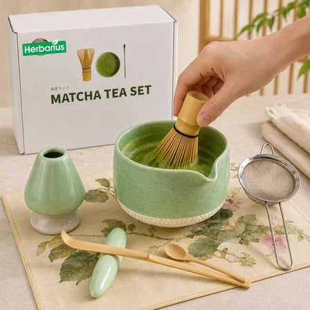 Herbarius 8 Parça Çiçek Desenli Balık Sırtı Kabartmalı Mint Yeşili Renk Matcha Çayı Hazırlama Seti - Geleneksel Japon Matcha Seti