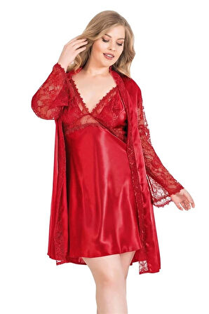 Amora Secret Büyük Beden Kırmızı Kısa İkili Saten Sabahlık Gecelik Takımı