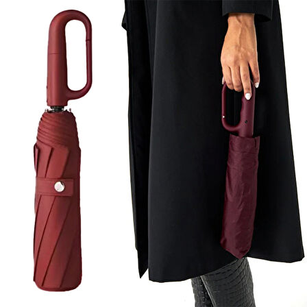 10 Fiber Telli Tam Otomatik Şemsiye Güçlendirilmiş Telli Kanca Saplı Şemsiye - Bordo