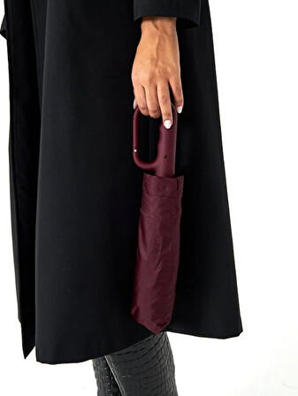 10 Fiber Telli Tam Otomatik Şemsiye Güçlendirilmiş Telli Kanca Saplı Şemsiye - Bordo