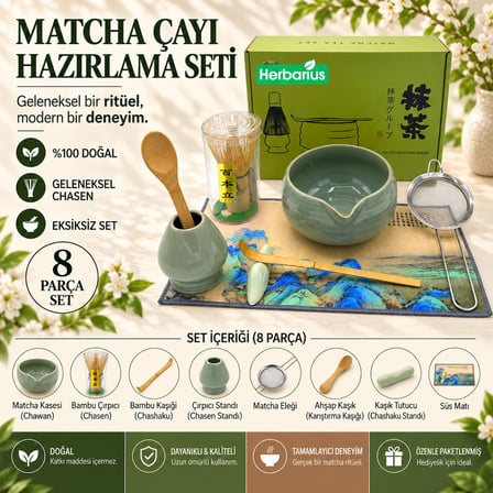 8 Parça Parlak Mint Yeşili Renk Matcha Çayı Hazırlama Seti - Geleneksel Japon Matcha Seti
