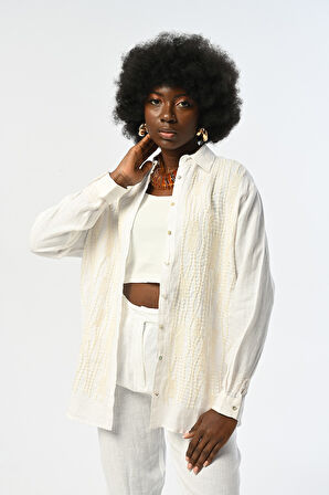 KADIN NAKIŞ VE PUL PAYET İŞLEMELİ BEYAZ %100 KETEN OVERSİZE GÖMLEK