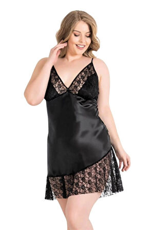 Amora Secret Büyük Beden Siyah Kısa Saten Gecelik