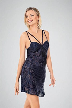 Lacivert Dantel İşlemeli 2'li Sabahlık Takımı