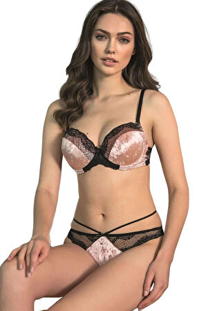 Amora Secret Kadife Balenli Destekli Dolgulu Askıları Çıkabilen Dantelli Sütyen ve String Takım