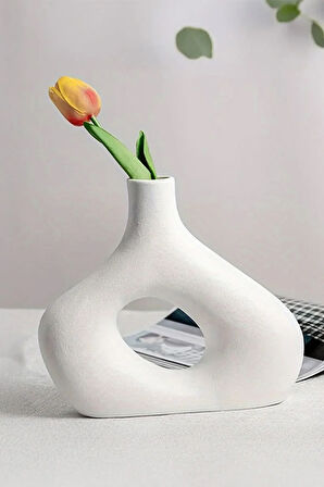Beyaz Taş Oval Dekoratif Vazo
