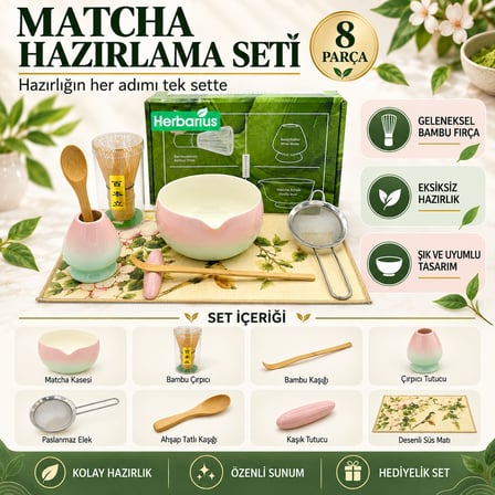 Herbarius8 Parça Pastel Pembe Mint Geçişli Parlak Beyaz Renk Matcha Çayı Hazırlama Seti - Geleneksel Japon Matcha Seti