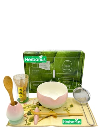 Herbarius8 Parça Pastel Pembe Mint Geçişli Parlak Beyaz Renk Matcha Çayı Hazırlama Seti - Geleneksel Japon Matcha Seti