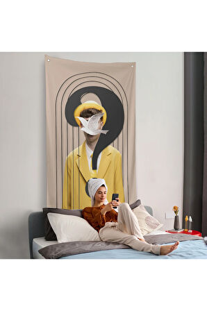 Yüzünde Kuş Olan Adam Pop Art Duvar Örtüsü-7848