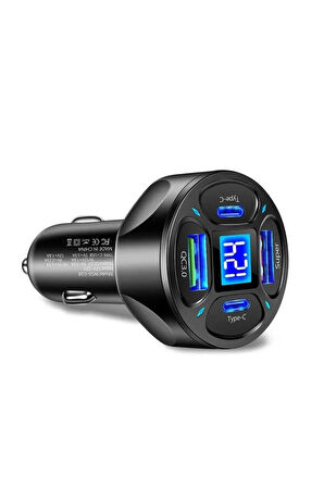 LED Dijital Ekranlı 2 USB + 2 Type C Portlu Hızlı Araç Şarjı