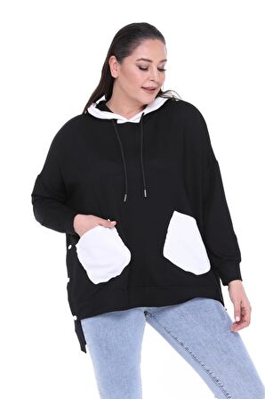 Kadın Büyük Beden Ekstra Rahat Kalıp Beyaz Cep Detaylı Siyah Sweatshirt