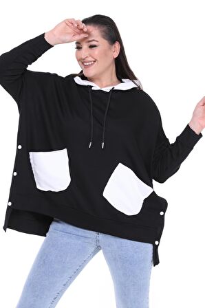 Kadın Büyük Beden Ekstra Rahat Kalıp Beyaz Cep Detaylı Siyah Sweatshirt