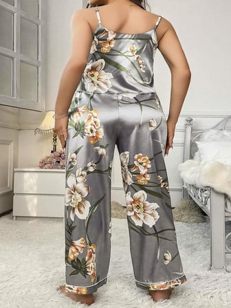 Arias Closet Büyük Beden Çiçek Desenli İnce Askılı Gri 'li Takım