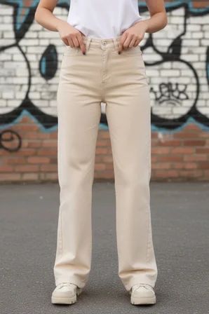 Heaven Kadın Yüksek Bel Krem Salaş Wide Leg Jeans Geniş Paça Palazzo Kot Pantolon