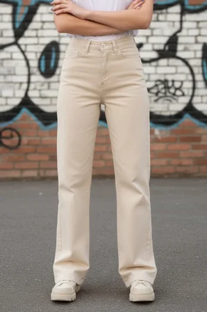 Heaven Kadın Yüksek Bel Krem Salaş Wide Leg Jeans Geniş Paça Palazzo Kot Pantolon