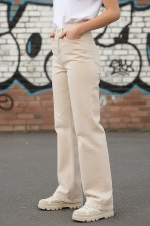 Heaven Kadın Yüksek Bel Krem Salaş Wide Leg Jeans Geniş Paça Palazzo Kot Pantolon