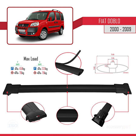 Fiat Doblo 2000-2009 Arası ile Uyumlu FLY Model Ara Atkı Tavan Barı Siyah 2 Adet