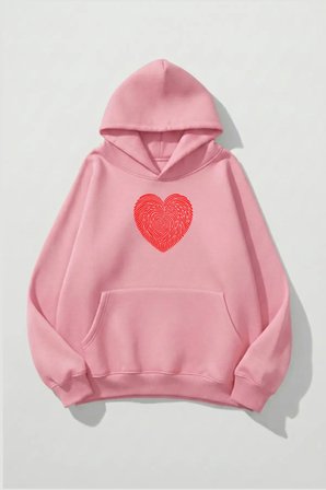 Unisex Yumuşak Dokulu Kalbin İzi Baskılı Tasarım Oversize 3 İplik Hoodie Sweatshirt